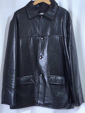 GV Italy Leather Jacket Mens L XL Black Car Coat Vintage Greek Key Button Versac